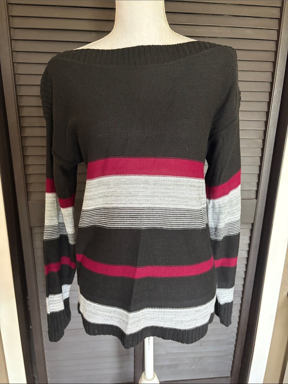 Maurices Black Off-the-Shoulder Sweater with Red and Gray Stripes